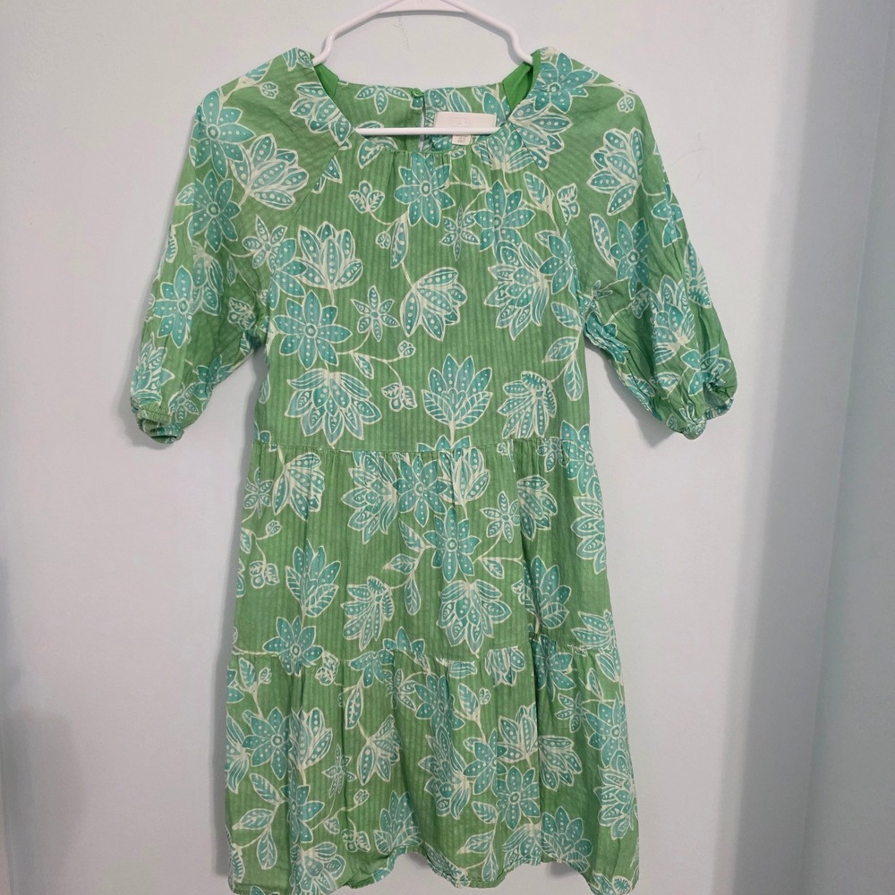 Zara Girls Green Floral Tiered Cotton Dress Back Cutout Size 13-14 Years 164cm